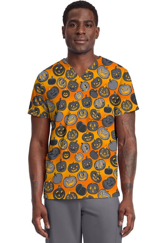 Cherokee Prints CK691 Unisex V-Neck Print Top Happy Pumpkins