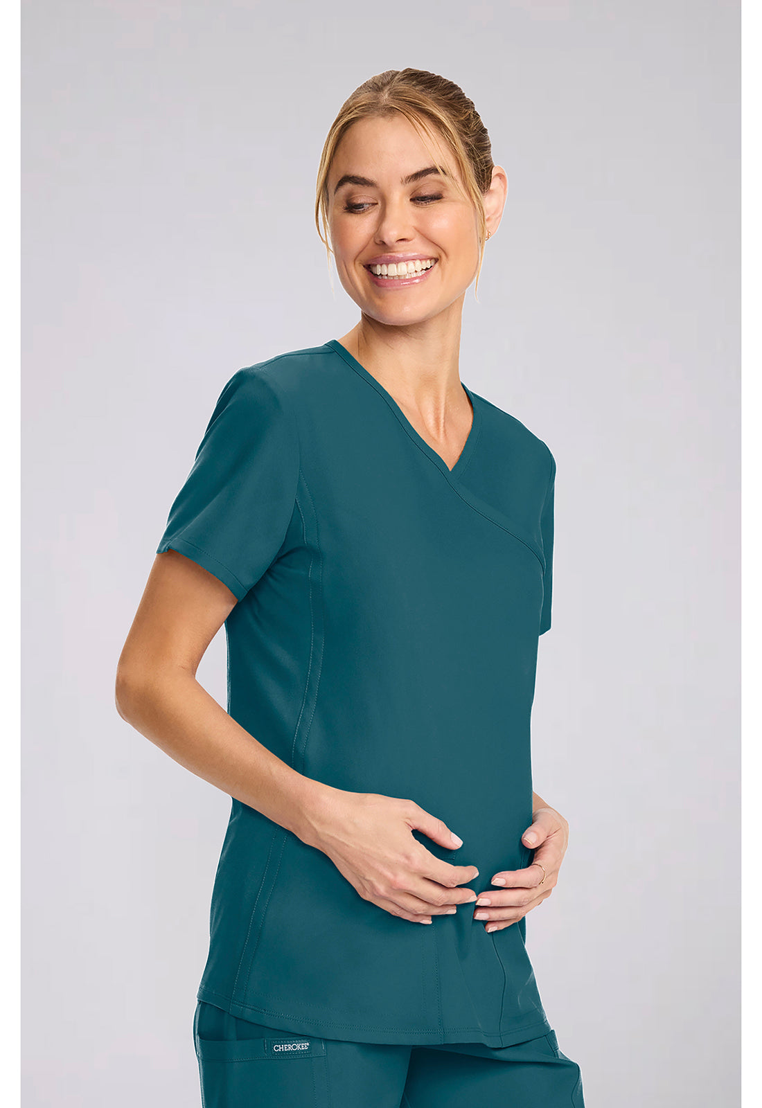 Workwear Originals Ultra CK701A Women's Maternity Mock Wrap V-Neck Scrub Top Caribbean Blue