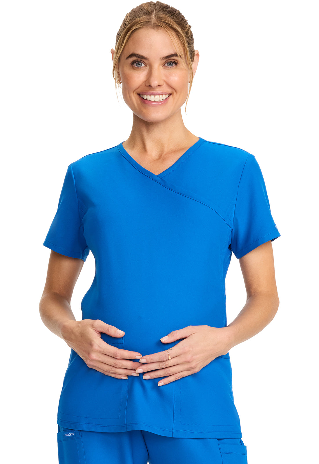 Originals Ultra CK701A Maternity Mock Wrap V-Neck Top Royal Model Image Front | Cherokee