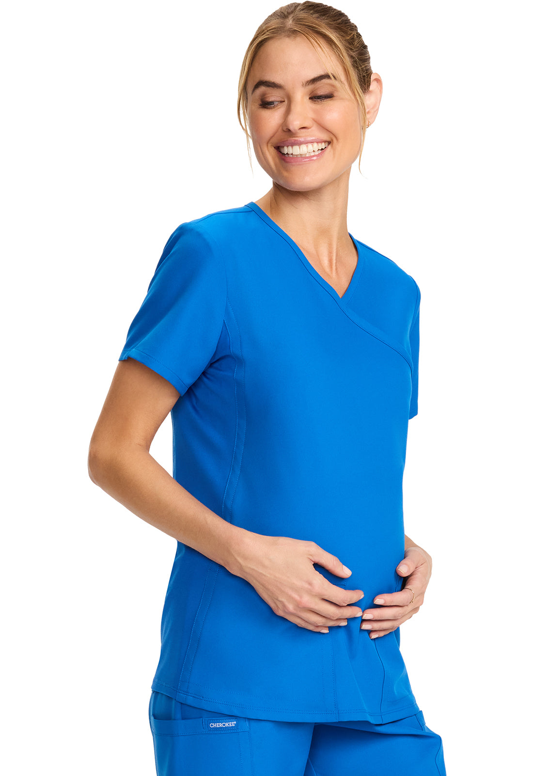 Originals Ultra CK701A Maternity Mock Wrap V-Neck Top Royal Model Image Left Side | Cherokee