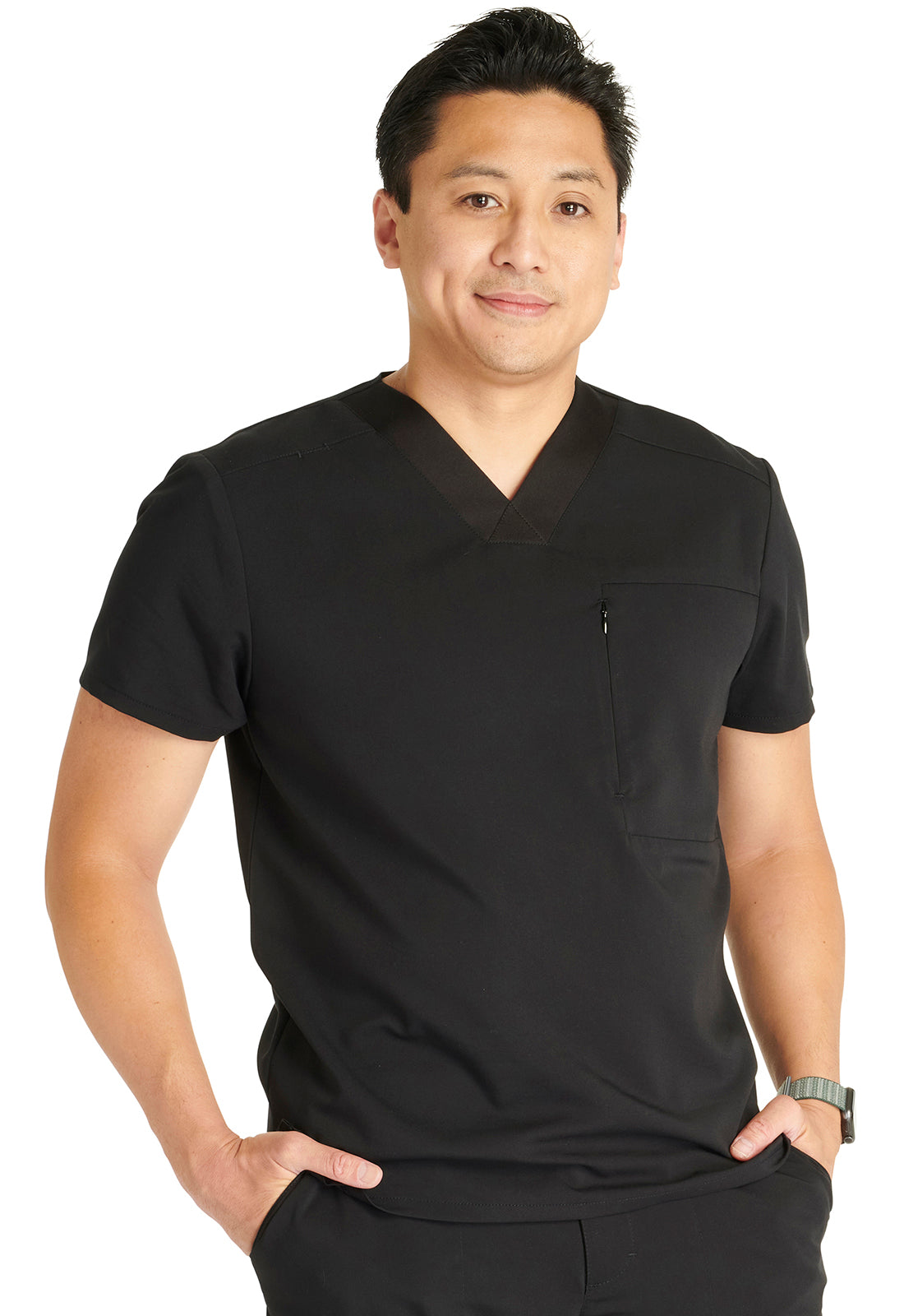 Atmos CK718A Men's V-Neck Top Black Model Image Front | Cherokee