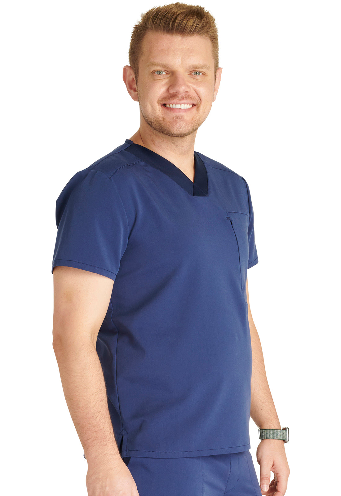 Atmos CK718A Men's V-Neck Top Navy Model Image Left Side | Cherokee