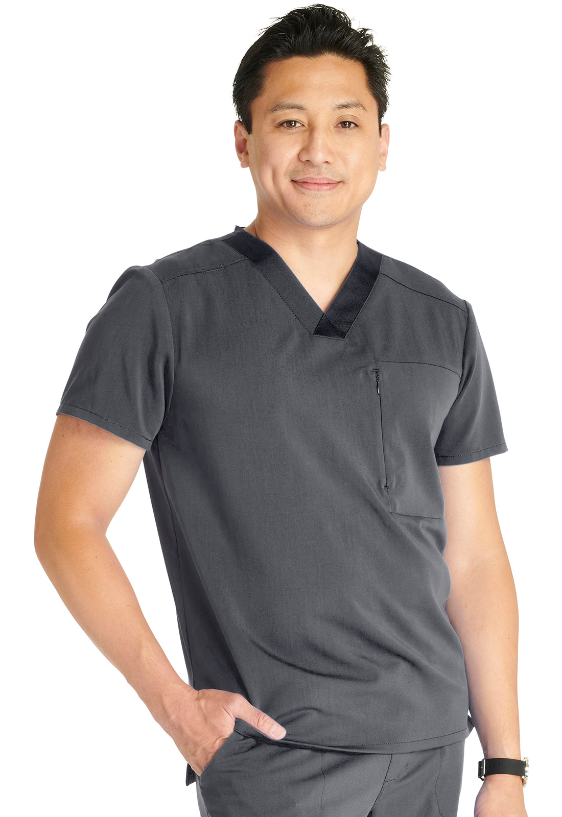 Atmos CK718A Men's V-Neck Top Pewter Model Image Left Side | Cherokee