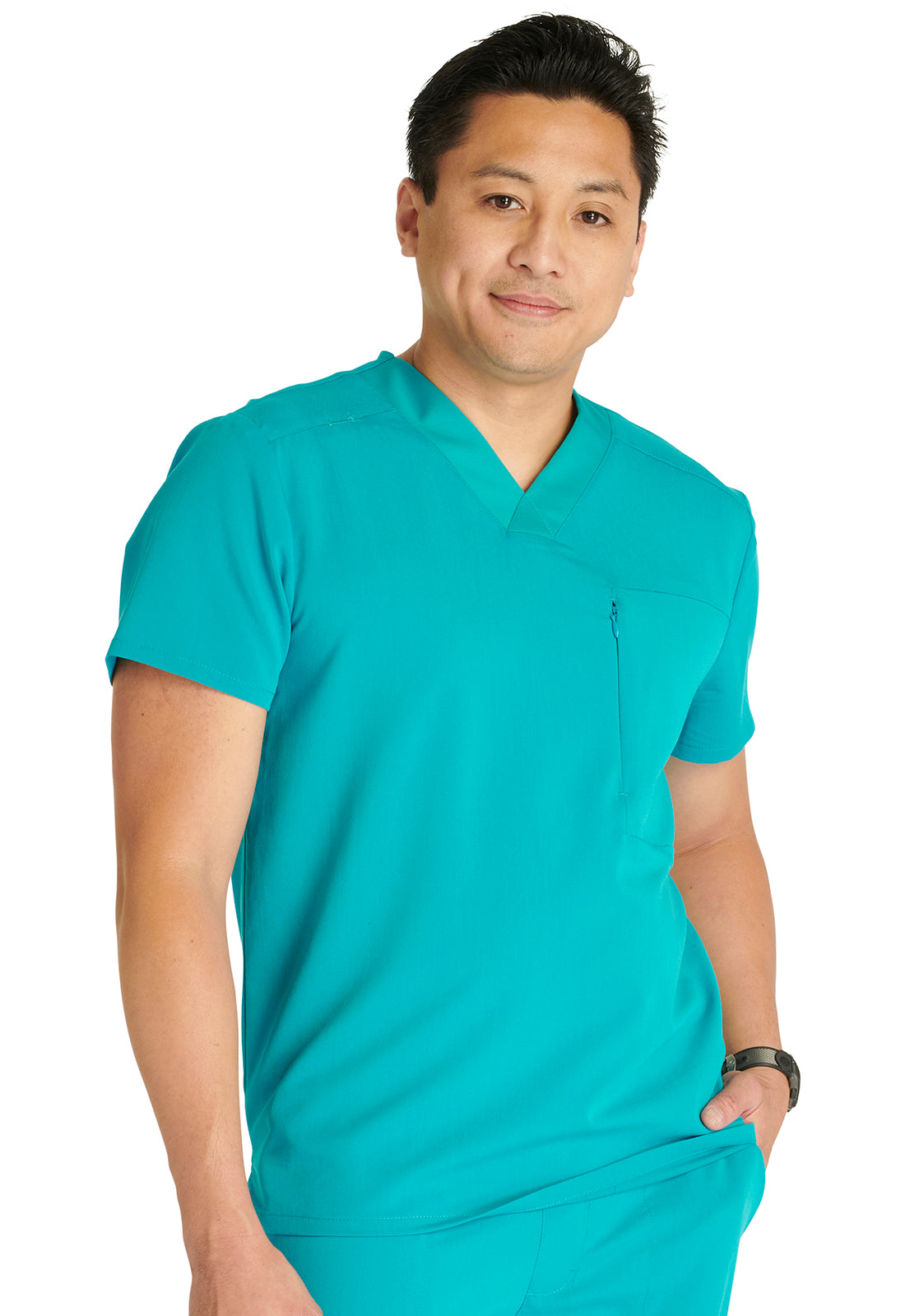 Atmos CK718A Men's V-Neck Top Teal Blue Model Image Left Side | Cherokee