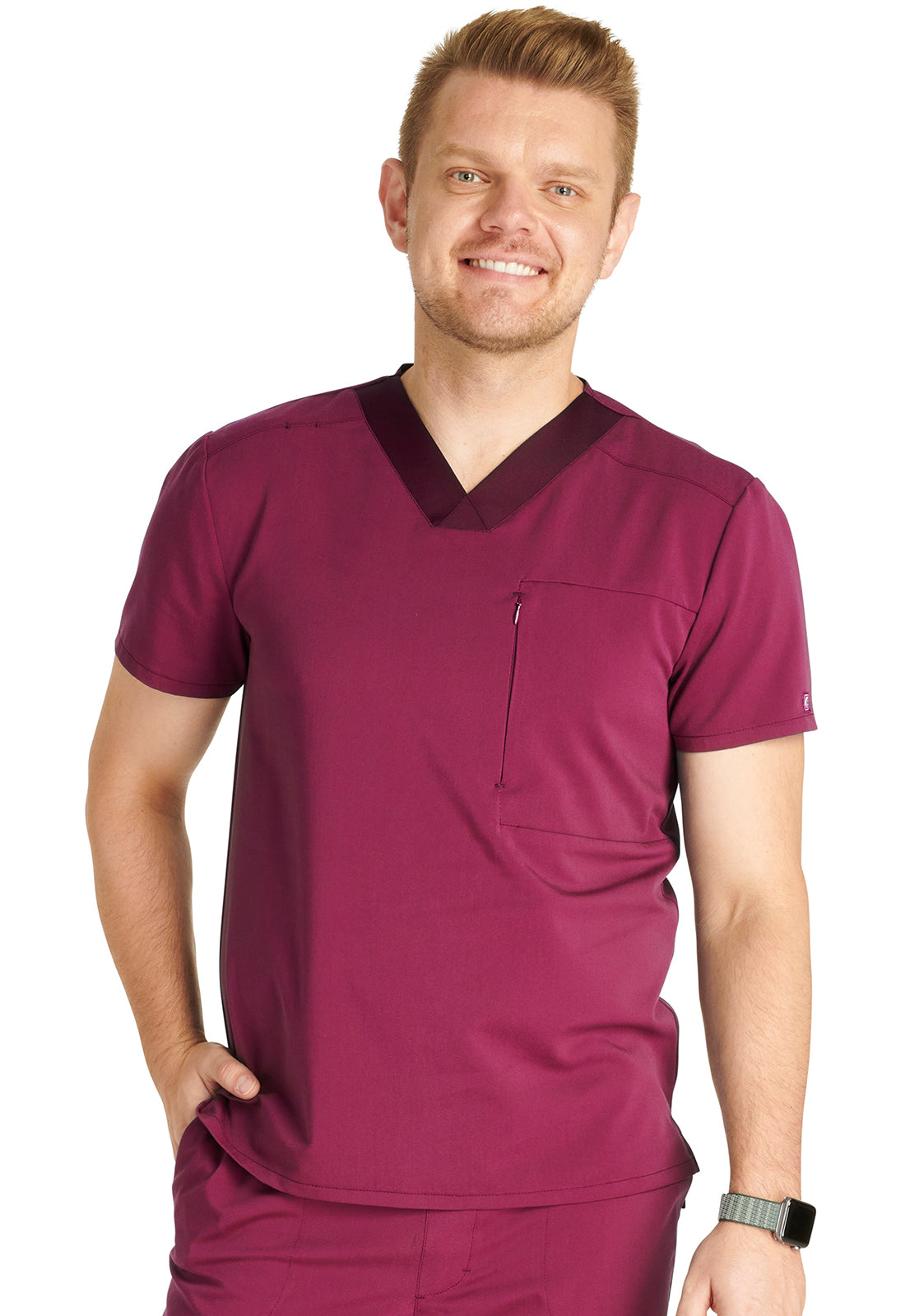 Atmos CK718A Men's V-Neck Top Wine Model Image Front | Cherokee