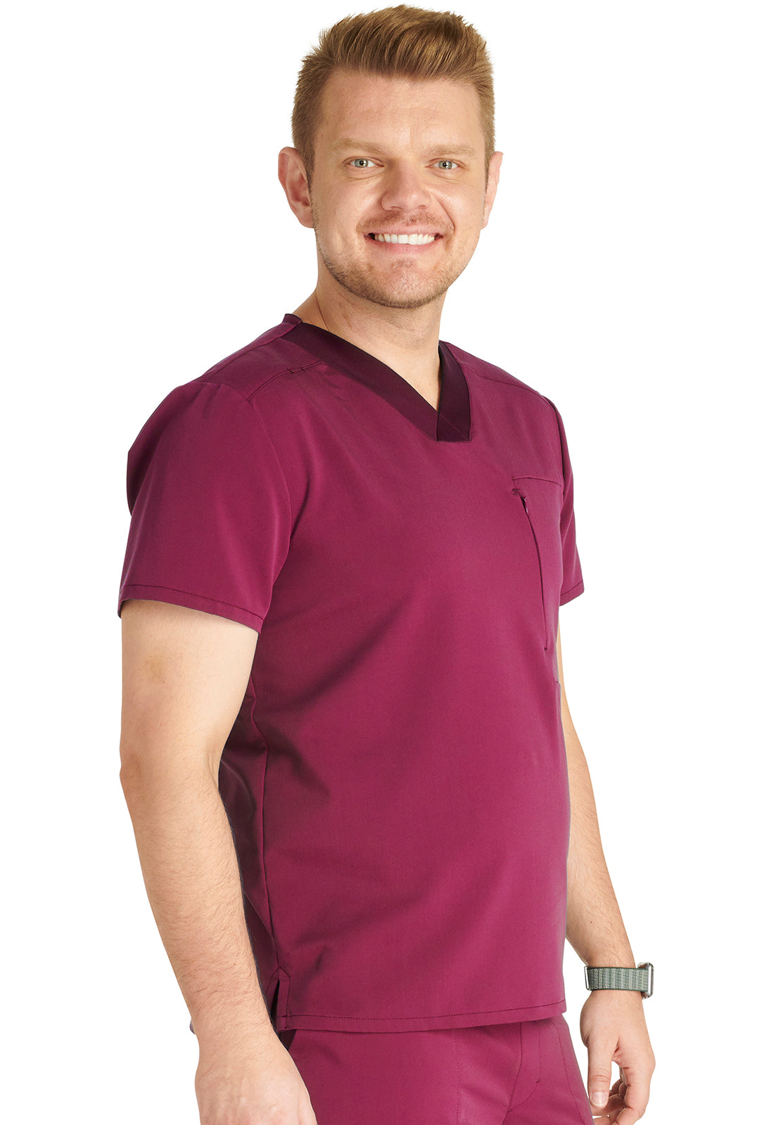 Atmos CK718A Men's V-Neck Top Wine Model Image Left Side | Cherokee