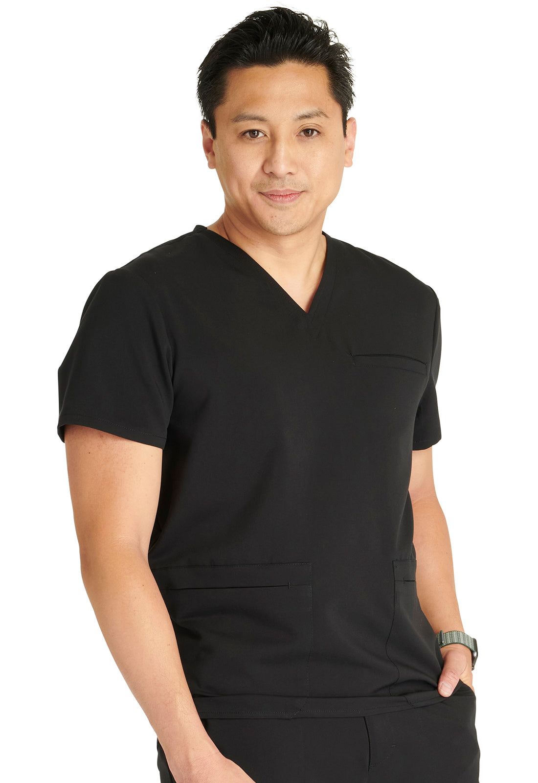 Atmos CK719A Men's V-Neck Top Black Model Image Left Side | Cherokee