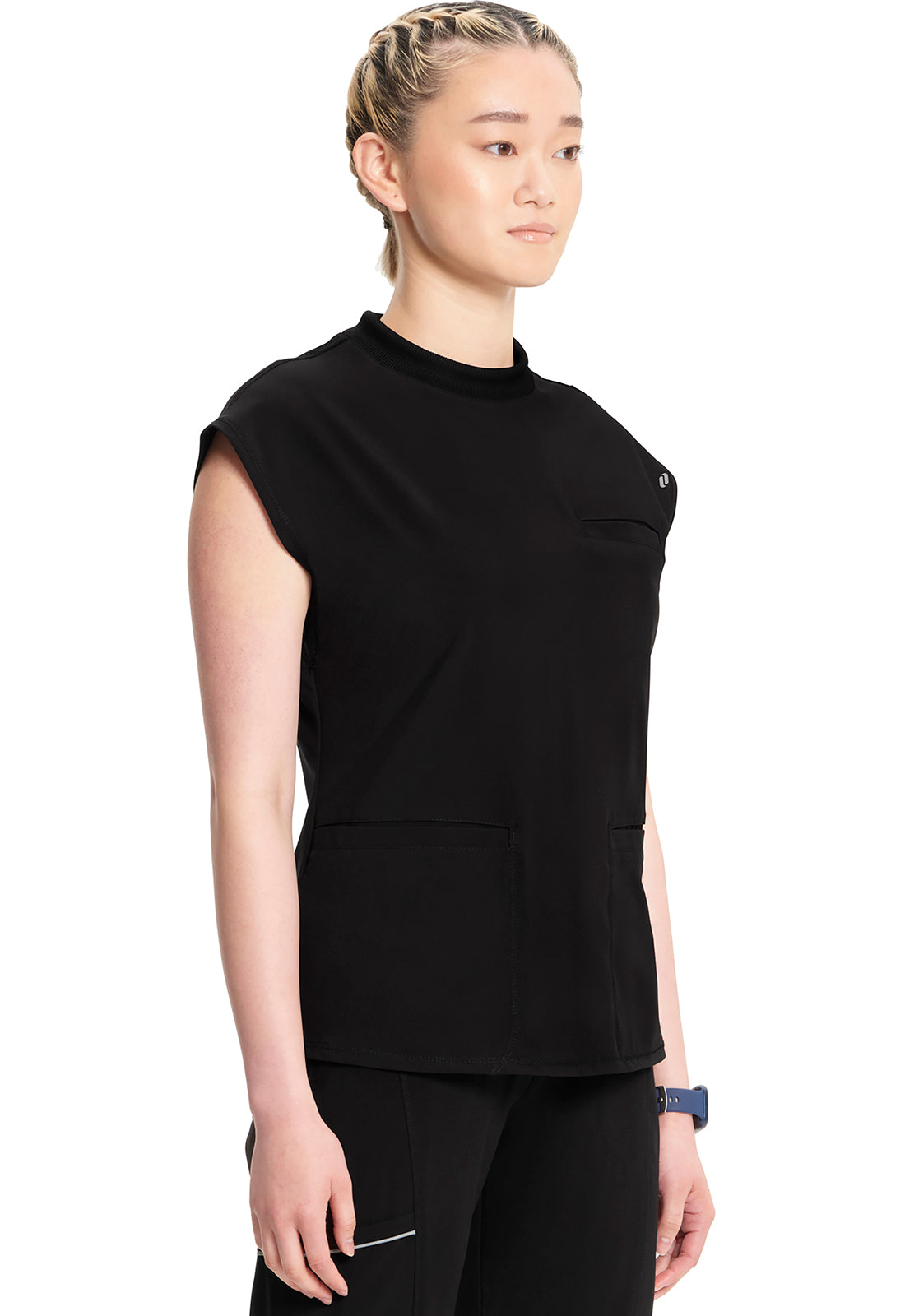 Classics CK742A Mock Neck Top Black Model Image Left Side | Infinity