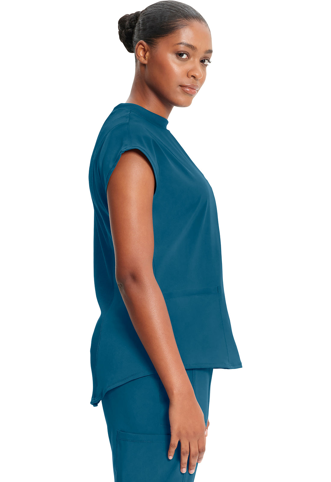 Classics CK742A Mock Neck Top Caribbean Blue Model Image Right Side | Infinity