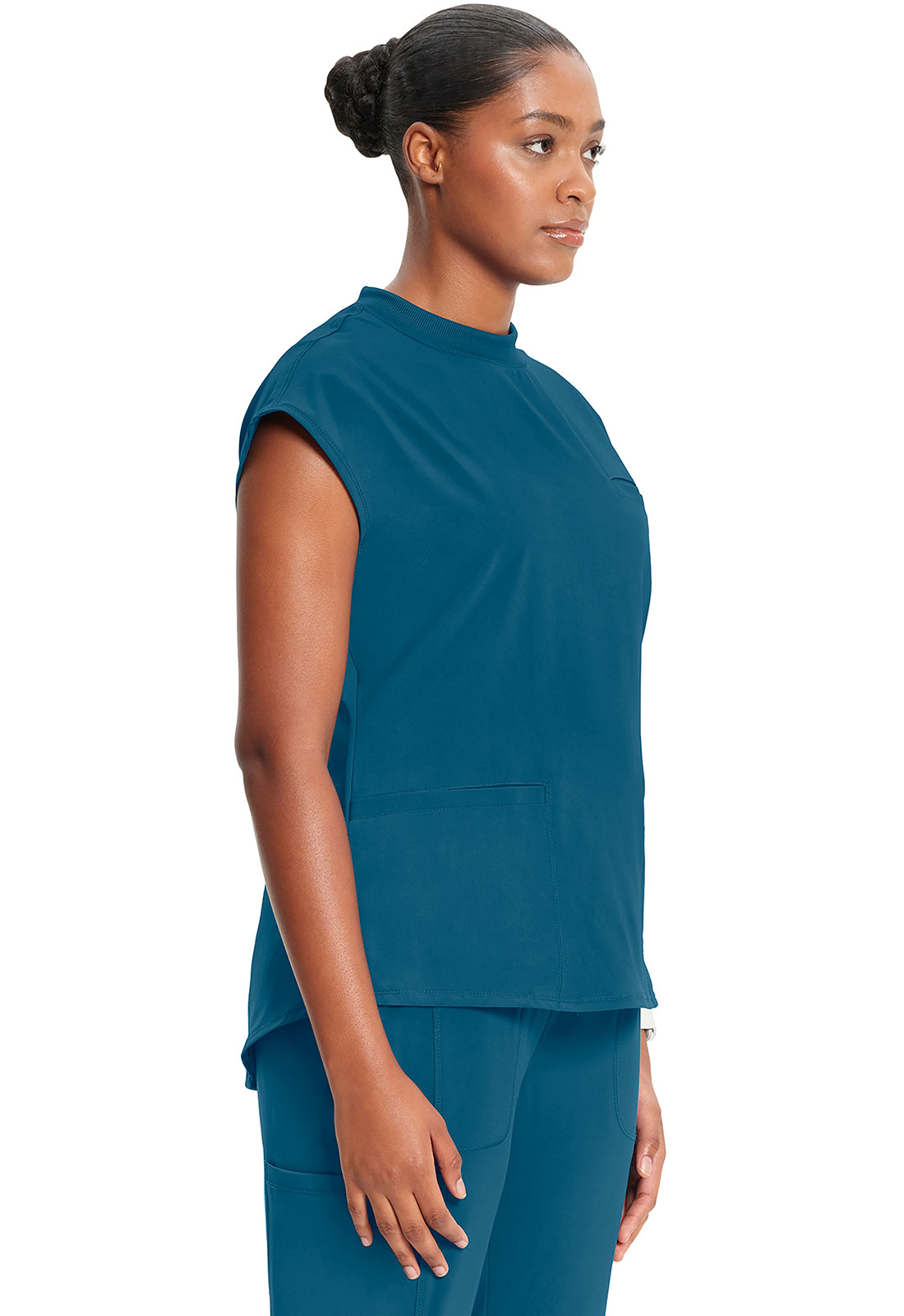 Classics CK742A Mock Neck Top Caribbean Blue Model Image Left Side | Infinity