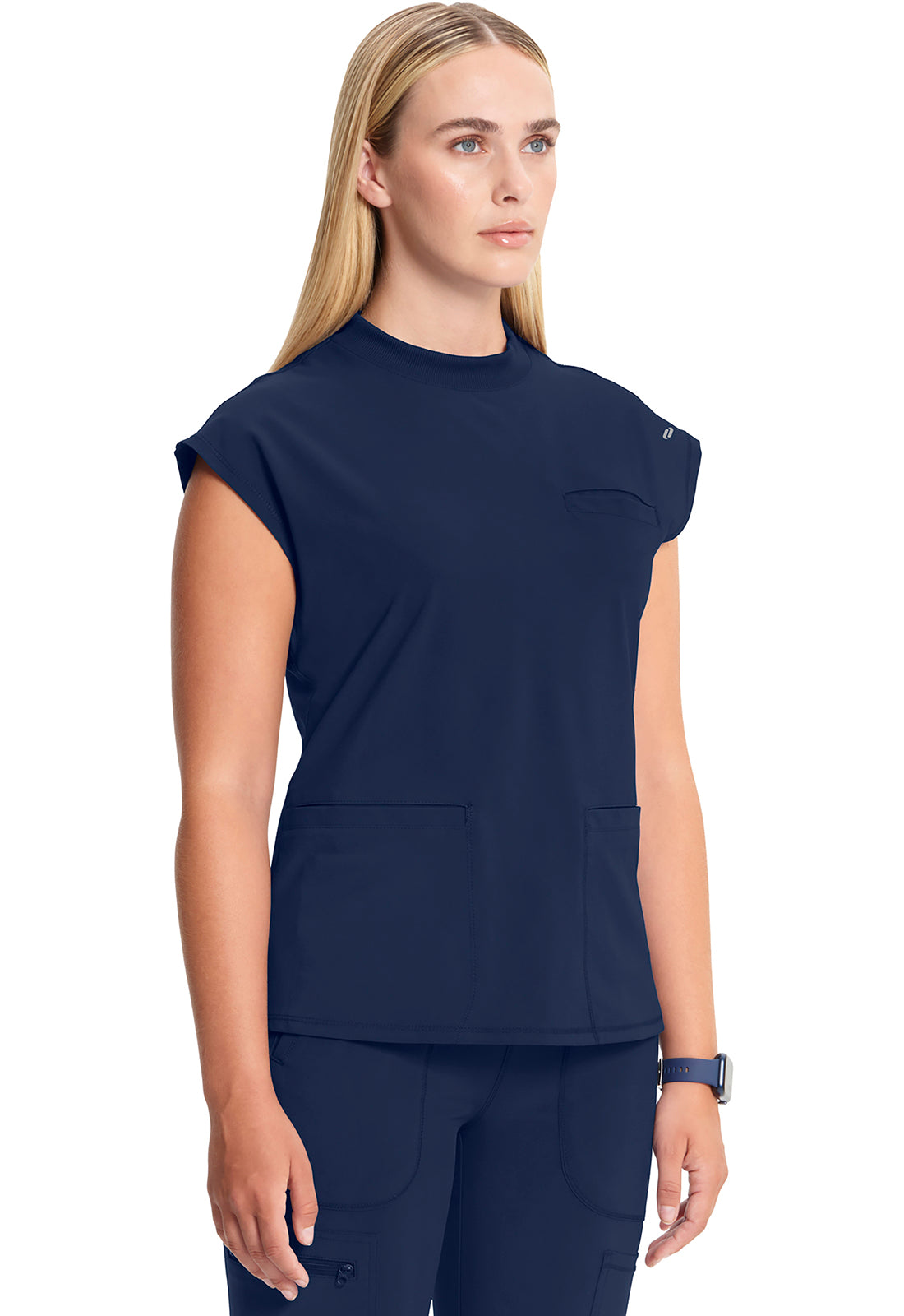 Classics CK742A Mock Neck Top Navy Model Image Left Side | Infinity