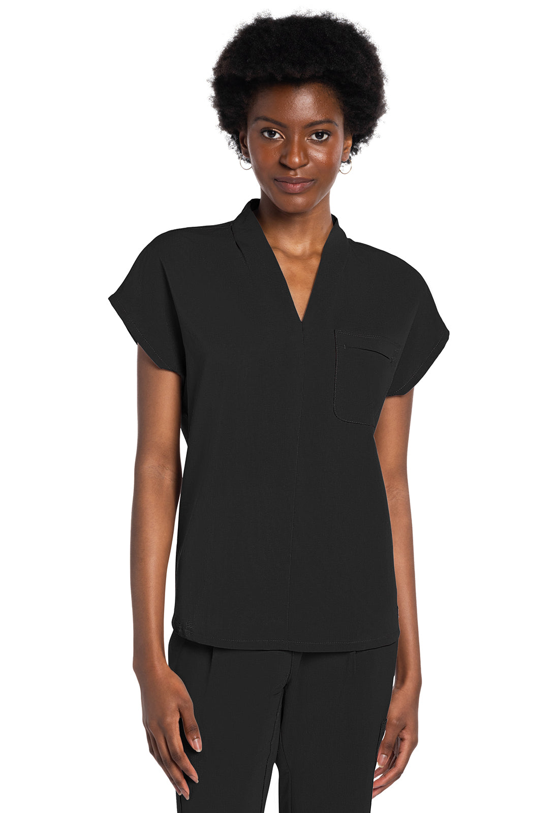 Atmos CK758A V-Neck Tuckable Top Black Model Image Front | Cherokee