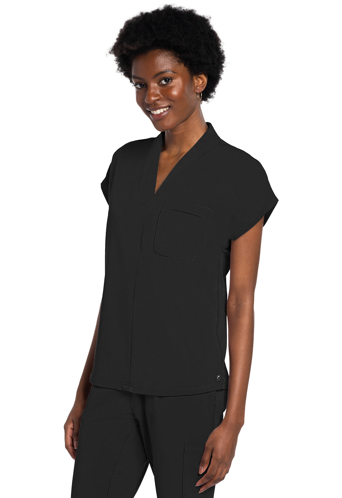 Atmos CK758A V-Neck Tuckable Top Black Model Image Right Side | Cherokee