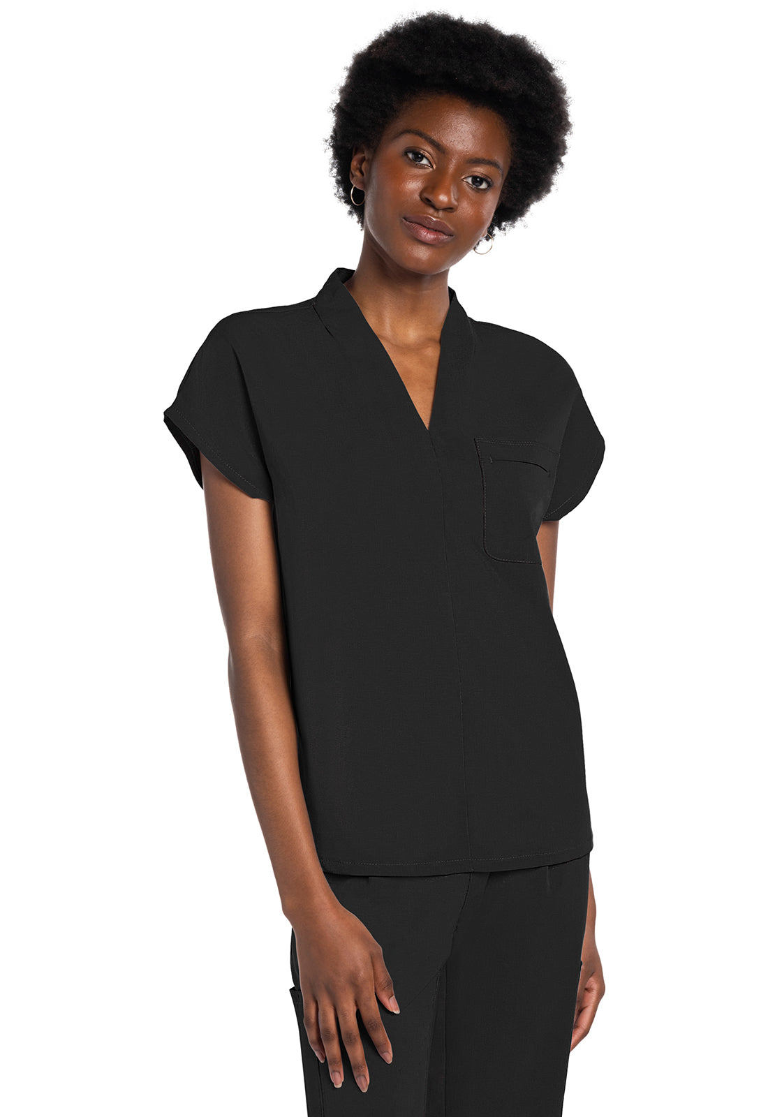 Atmos CK758A V-Neck Tuckable Top Black Model Image Left Side | Cherokee