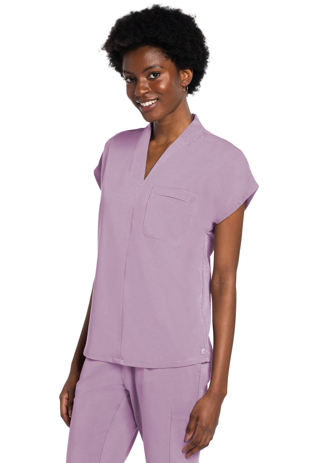 Atmos CK758A V-Neck Tuckable Top Mauve Haze Model Image Right Side | Cherokee