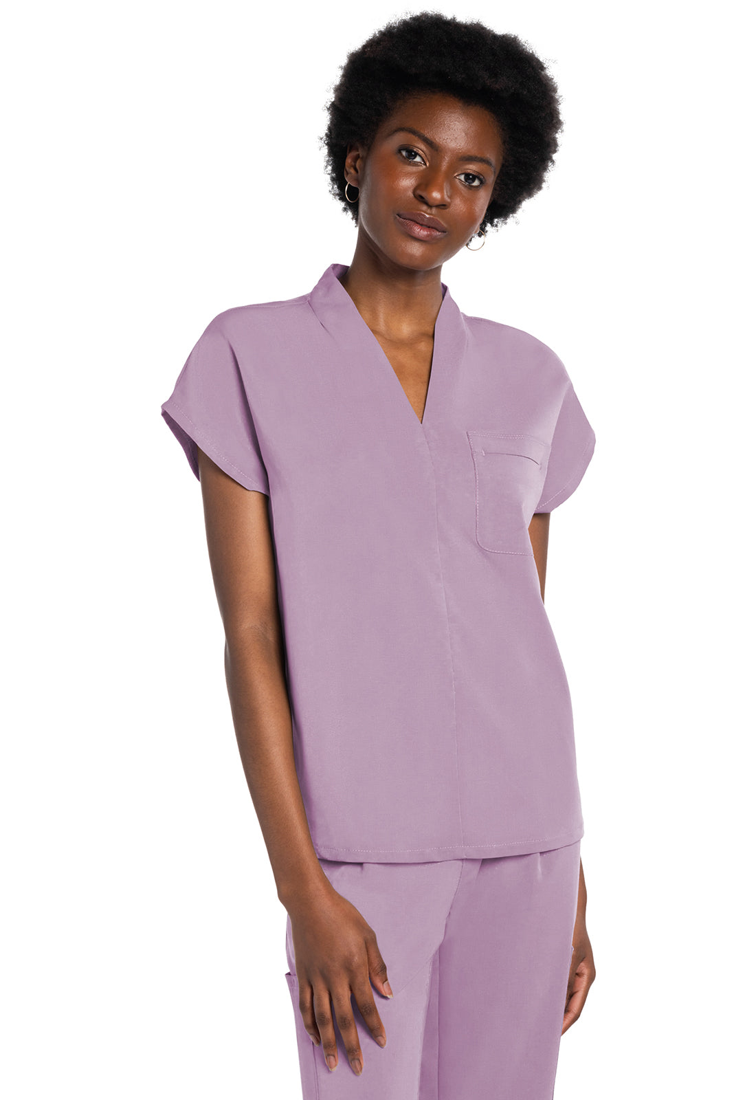 Atmos CK758A V-Neck Tuckable Top Mauve Haze Model Image Left Side | Cherokee