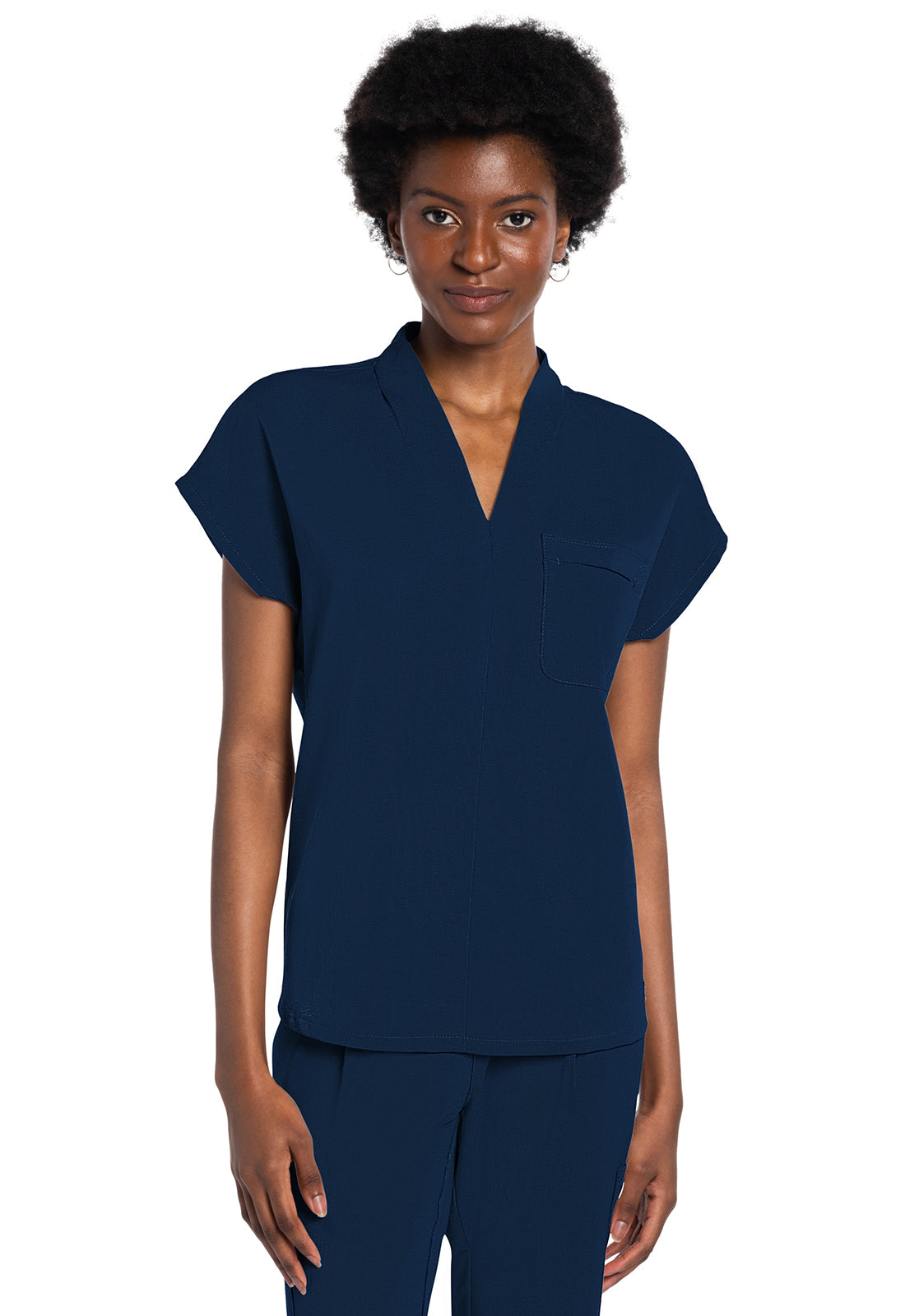 Atmos CK758A V-Neck Tuckable Top Navy Model Image Front | Cherokee