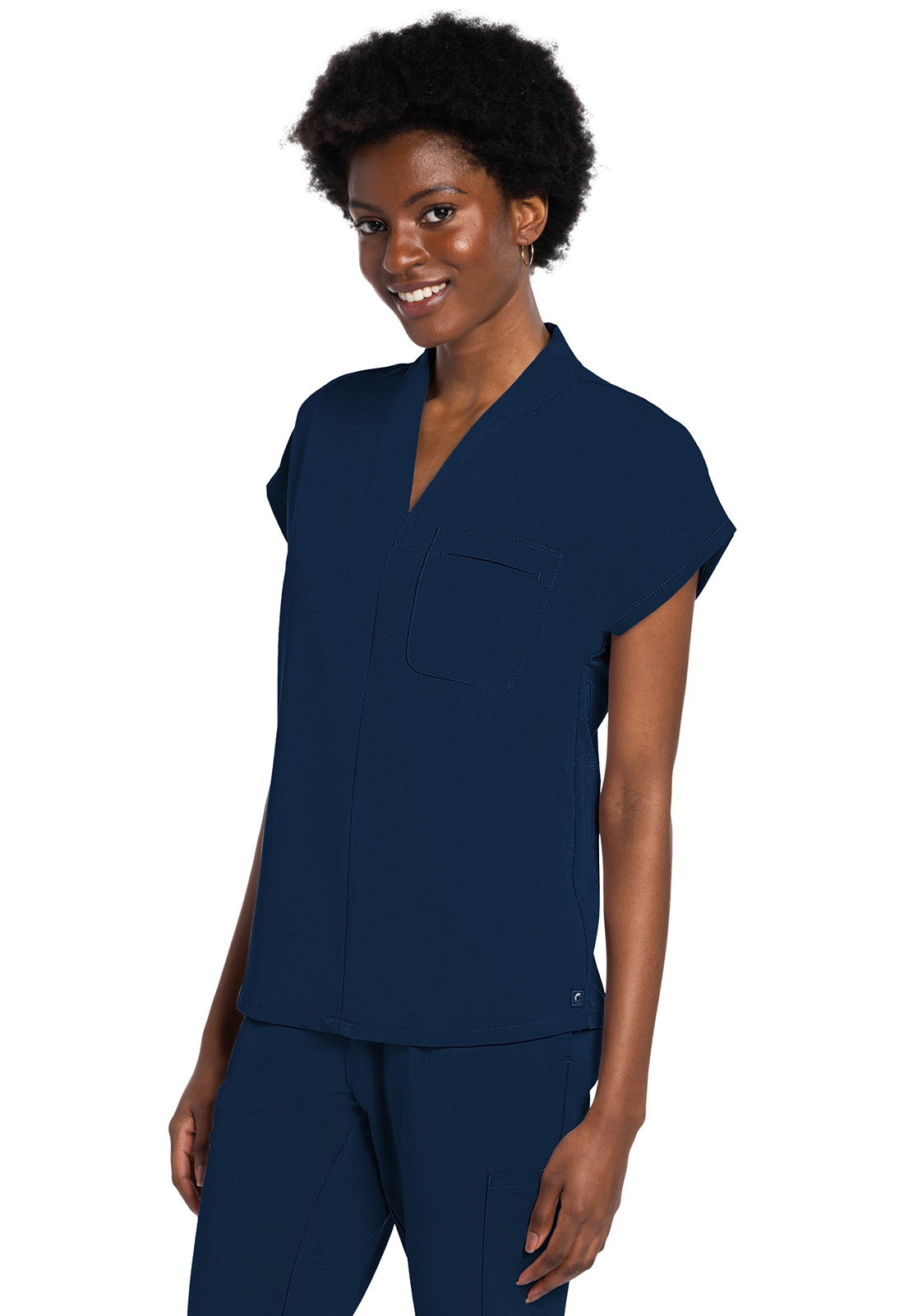 Atmos CK758A V-Neck Tuckable Top Navy Model Image Right Side | Cherokee