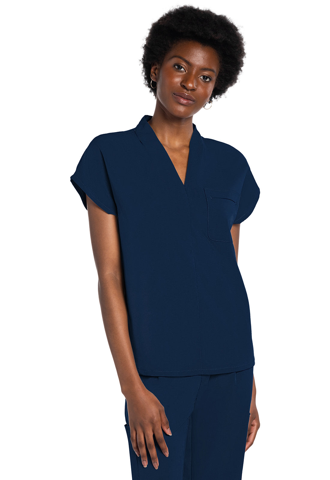 Atmos CK758A V-Neck Tuckable Top Navy Model Image Left Side | Cherokee