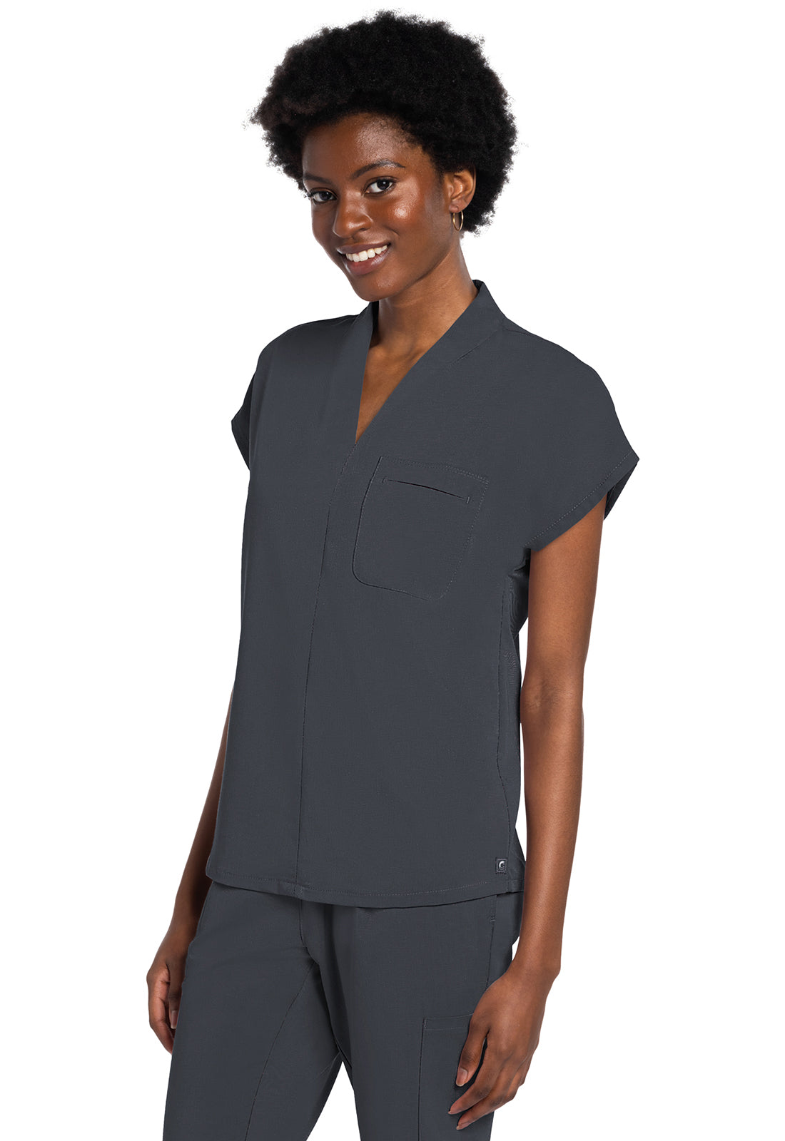 Atmos CK758A V-Neck Tuckable Top Pewter Model Image Right Side | Cherokee