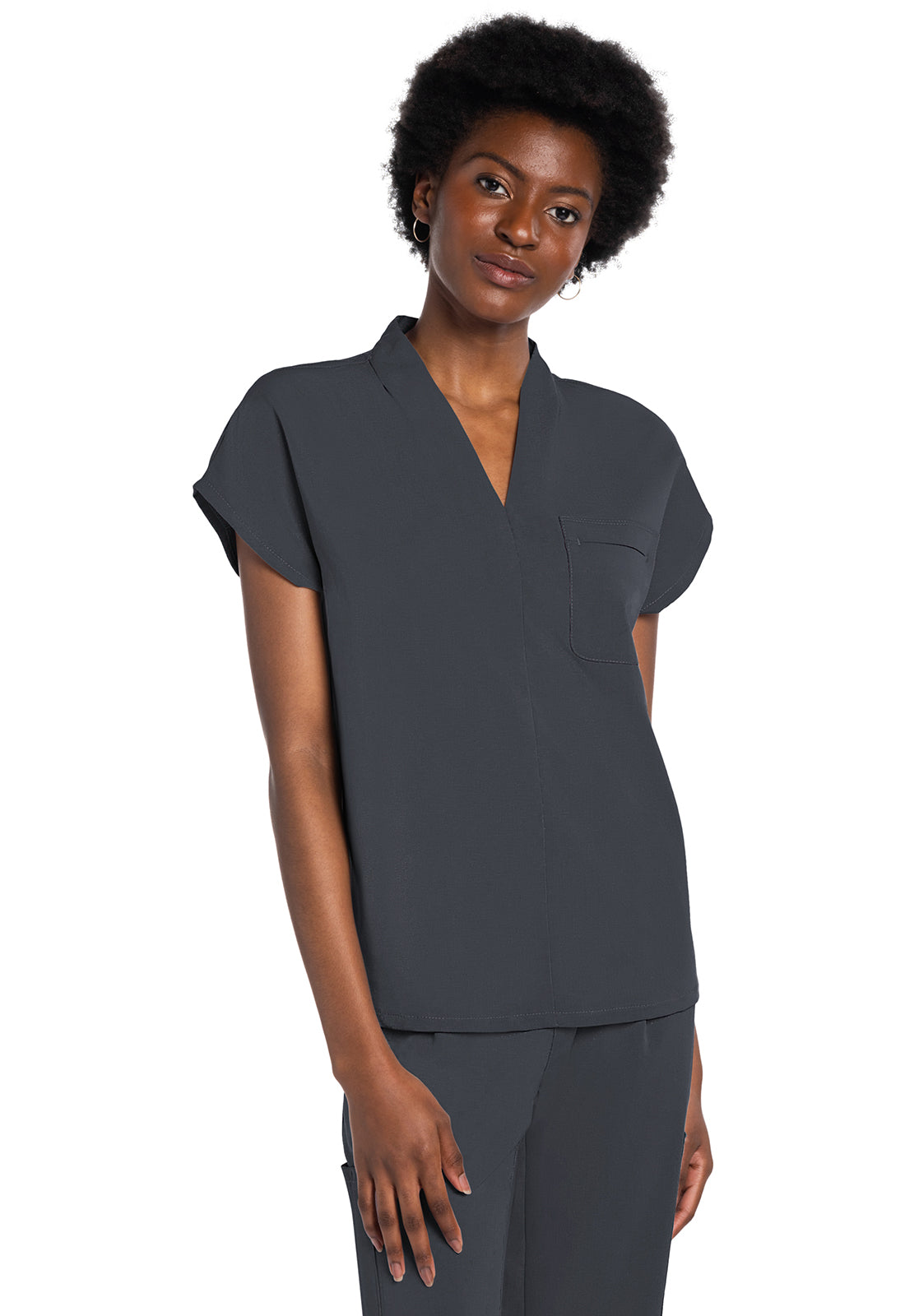 Atmos CK758A V-Neck Tuckable Top Pewter Model Image Left Side | Cherokee