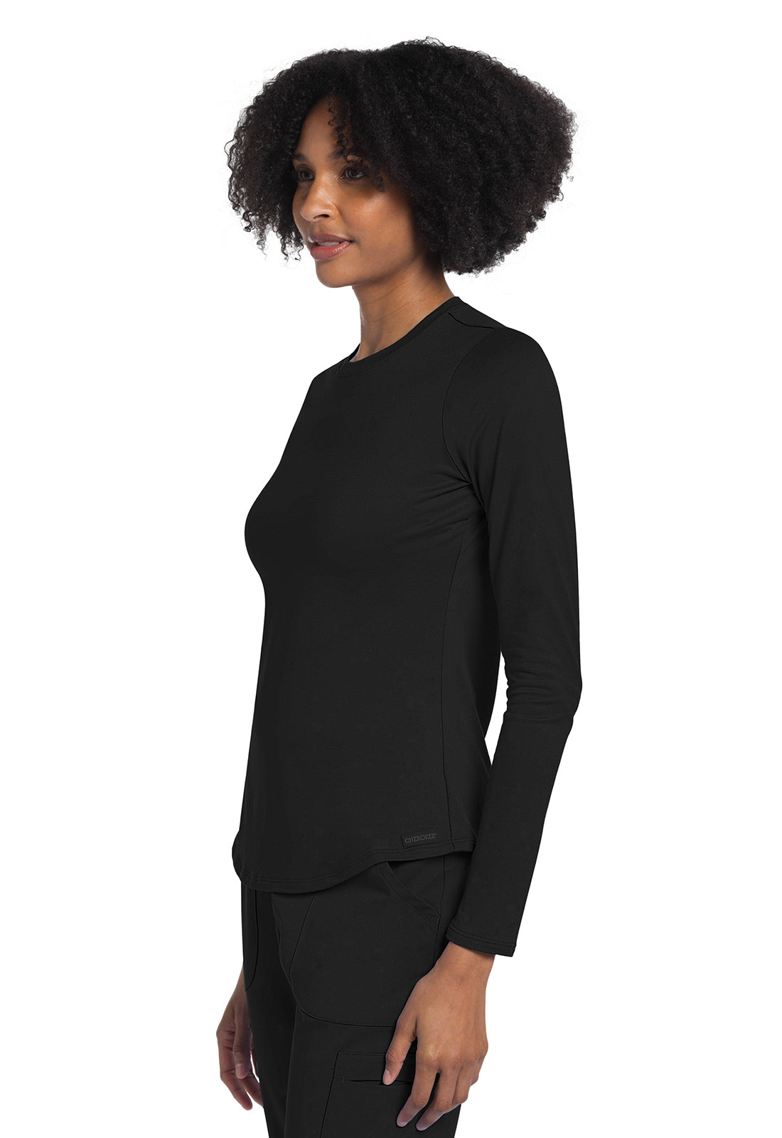 Basics CK773 Long Sleeve Underscrub Knit Tee Black Model Image Right Side | Cherokee