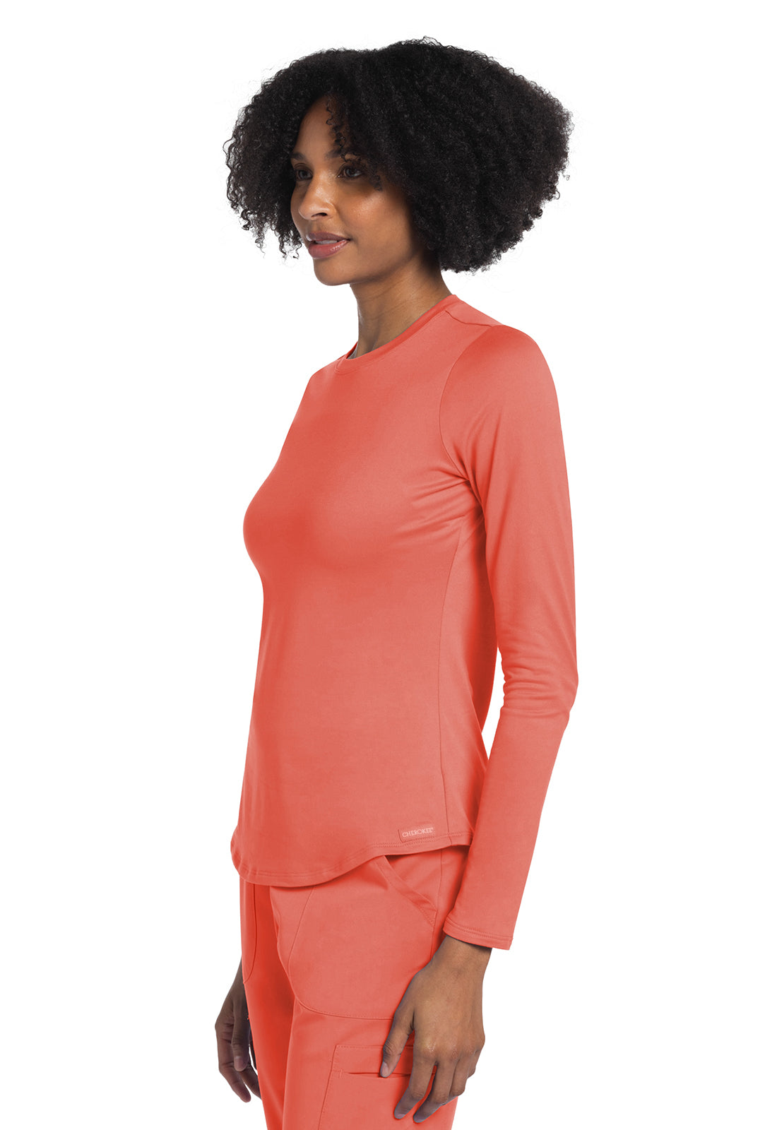 Basics CK773 Long Sleeve Underscrub Knit Tee Coral Rush Model Image Right Side | Cherokee