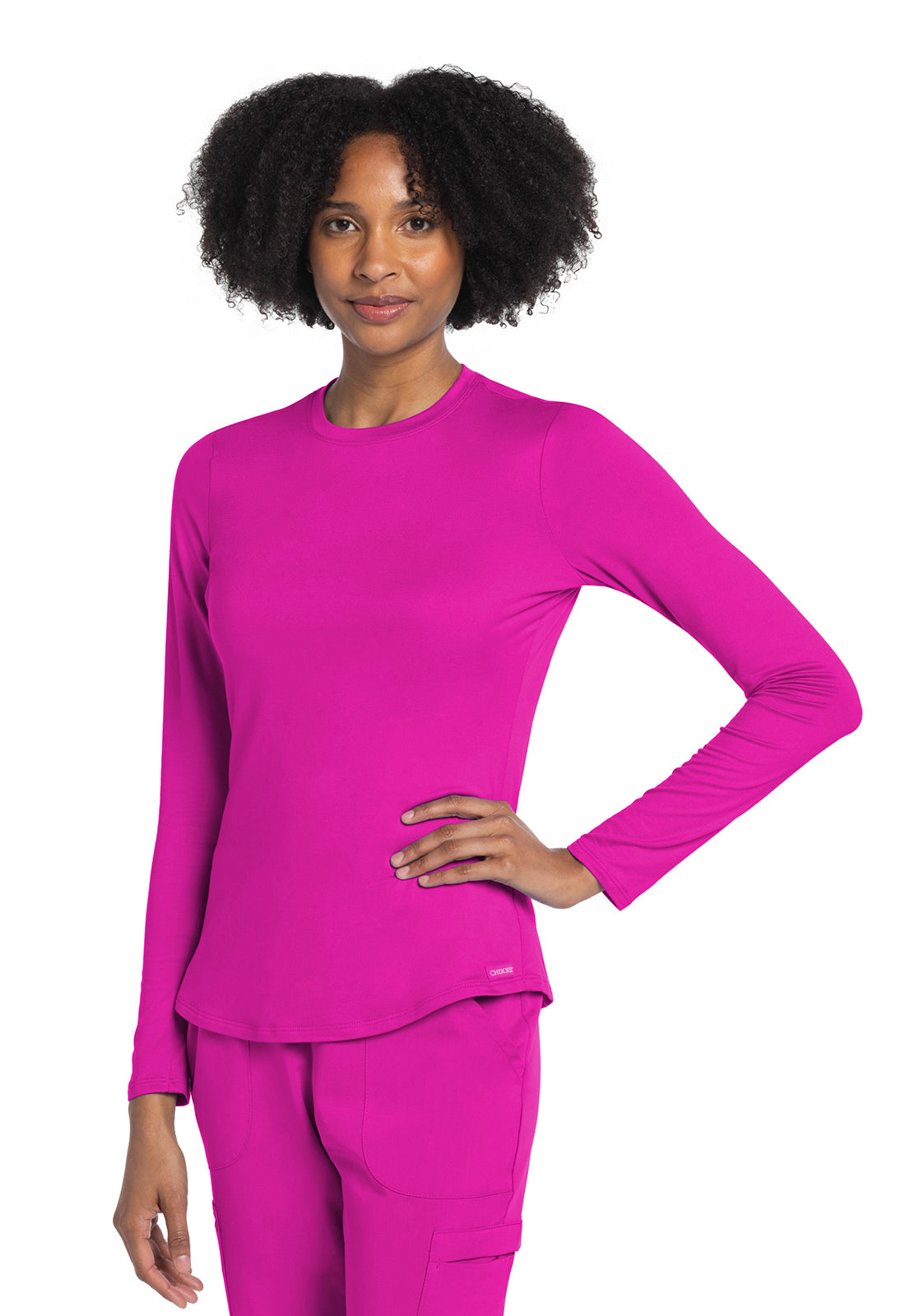 Basics CK773 Long Sleeve Underscrub Knit Tee Electric Pink Model Image Front | Cherokee