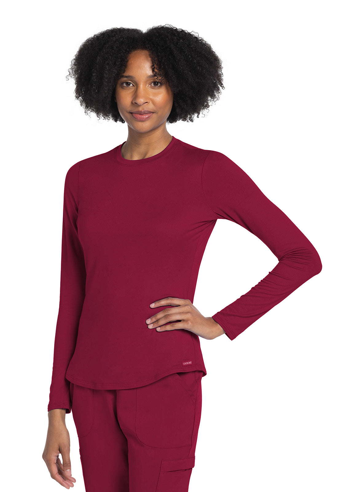 Basics CK773 Long Sleeve Underscrub Knit Tee Red Model Image Front | Cherokee