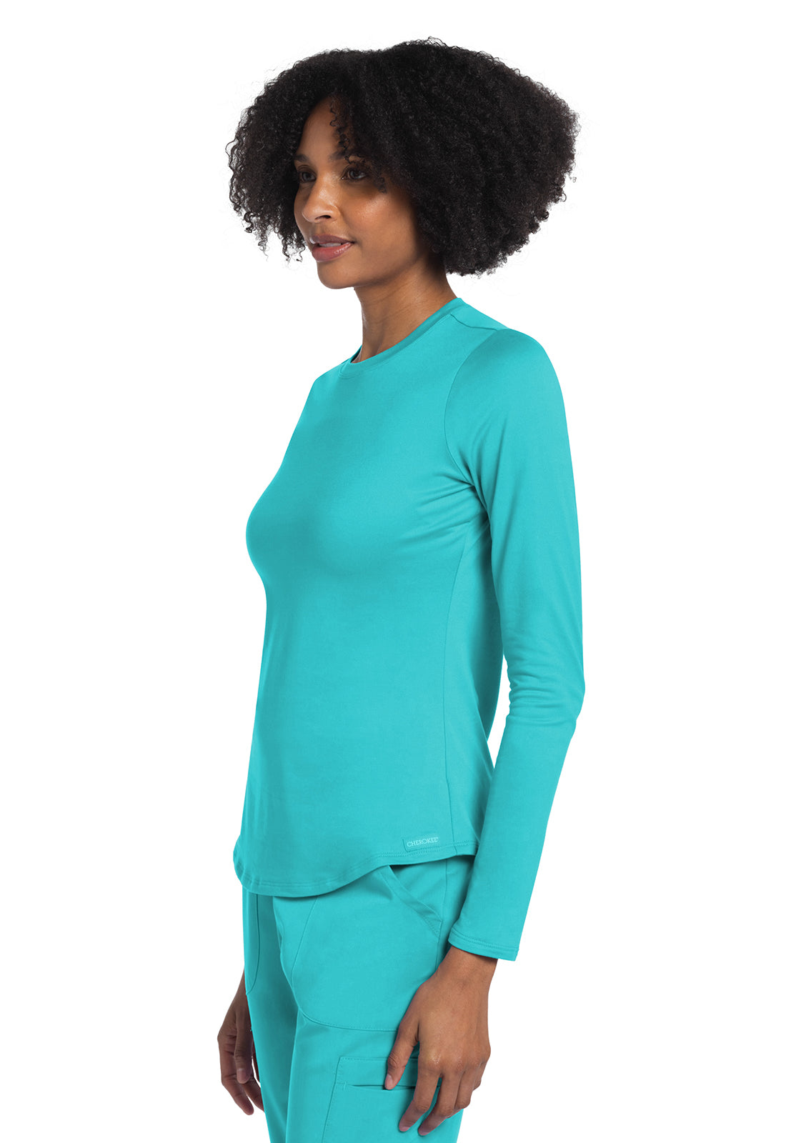 Basics CK773 Long Sleeve Underscrub Knit Tee Turquoise Model Image Right Side | Cherokee