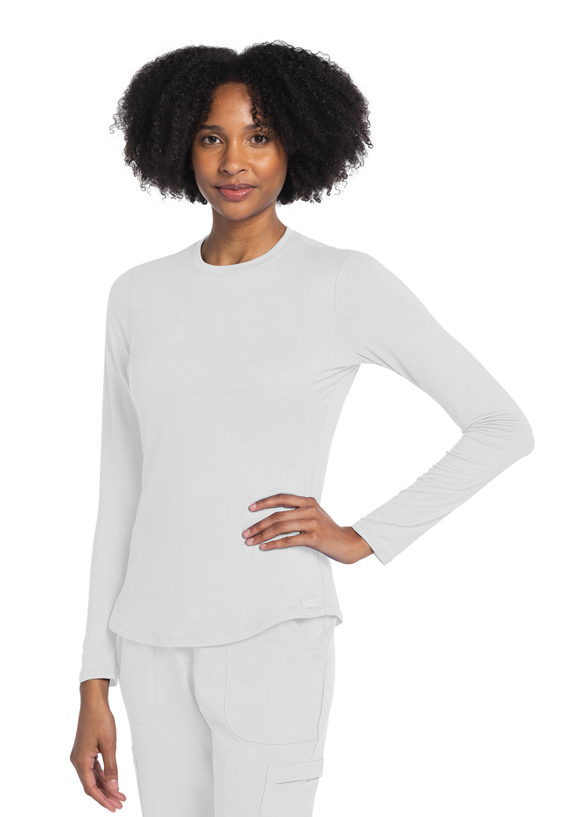 Basics CK773 Long Sleeve Underscrub Knit Tee White Model Image Front | Cherokee