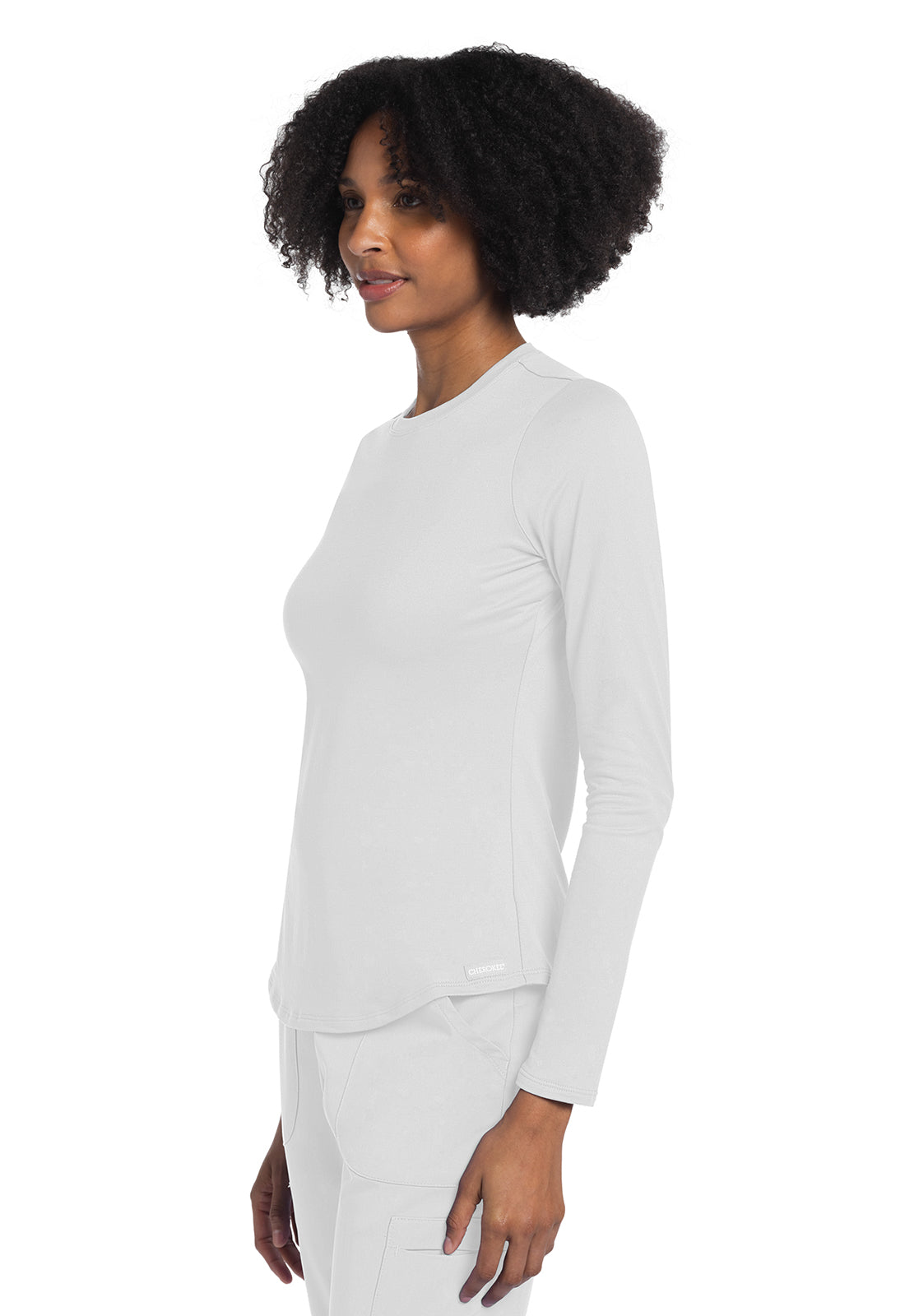 Basics CK773 Long Sleeve Underscrub Knit Tee White Model Image Right Side | Cherokee