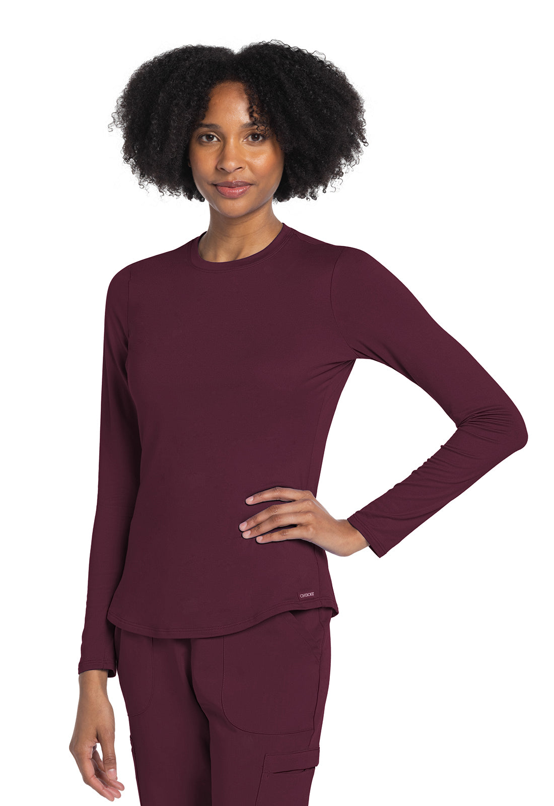 Basics CK773 Long Sleeve Underscrub Knit Tee Wine Model Image Front | Cherokee