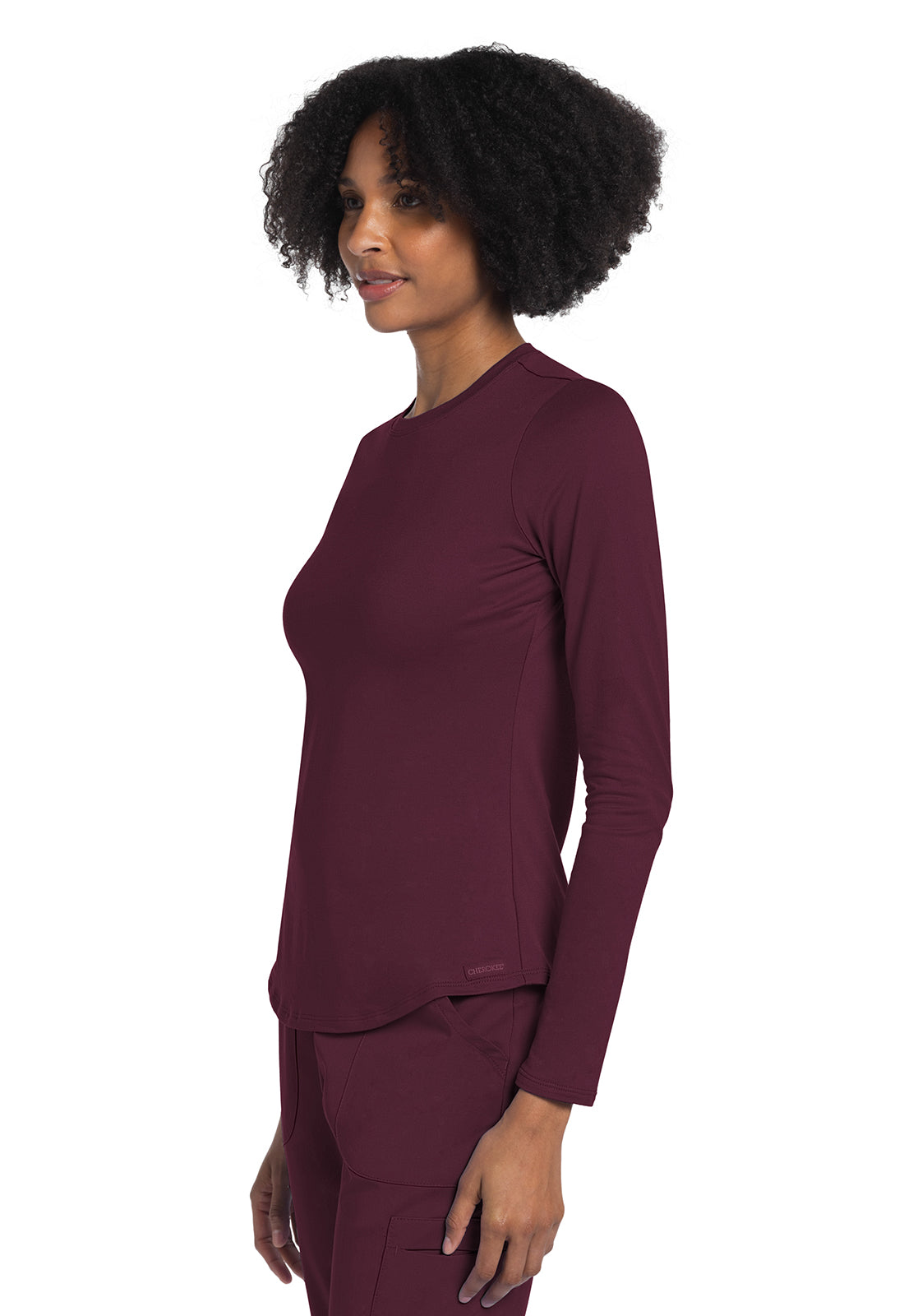 Basics CK773 Long Sleeve Underscrub Knit Tee Wine Model Image Right Side | Cherokee