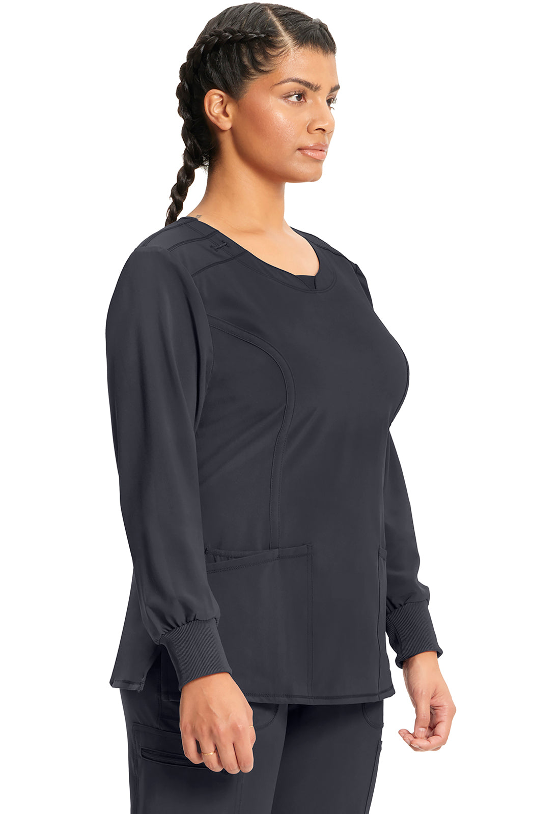 Classics CK781A Long Sleeve Round Neck Top Pewter Model Image Left Side | Infinity