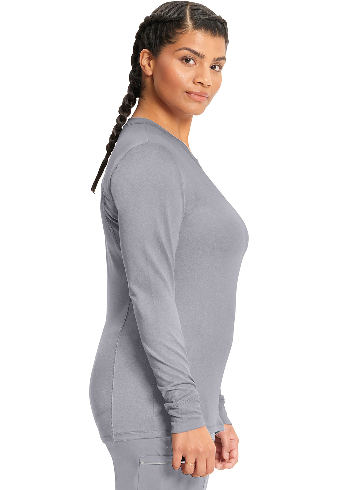 Classics CK782 Long Sleeve Underscrub Knit Tee Grey Model Image Right Side | Infinity