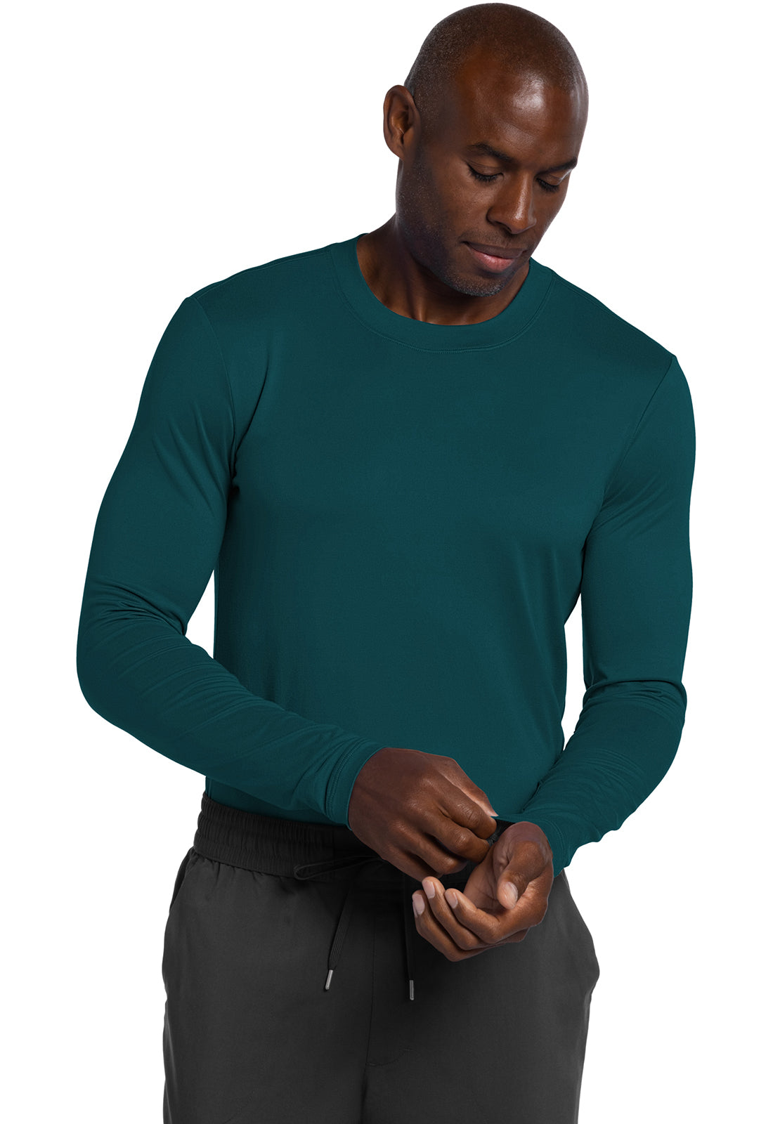 Basics CK807 Men's Long Sleeve Underscrub Knit Tee Caribbean Blue Model Image Left Side | Cherokee