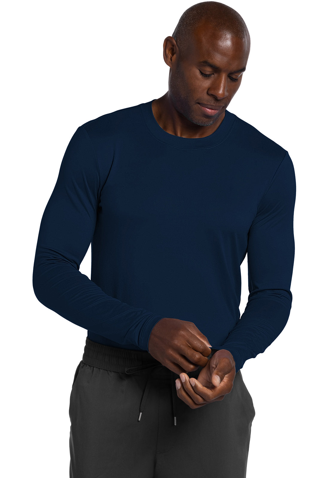 Basics CK807 Men's Long Sleeve Underscrub Knit Tee Navy Model Image Left Side | Cherokee