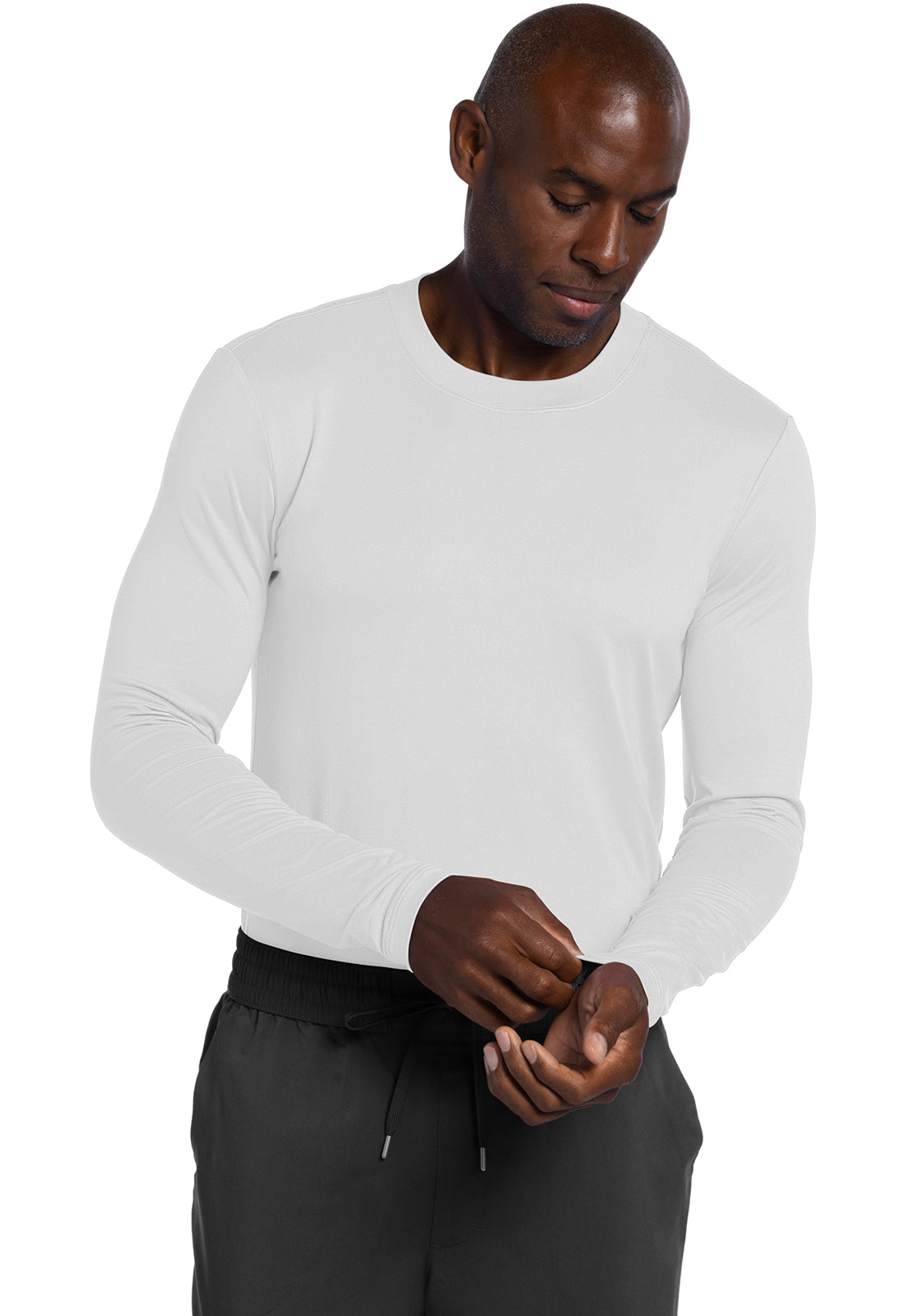 Basics CK807 Men's Long Sleeve Underscrub Knit Tee White Model Image Left Side | Cherokee