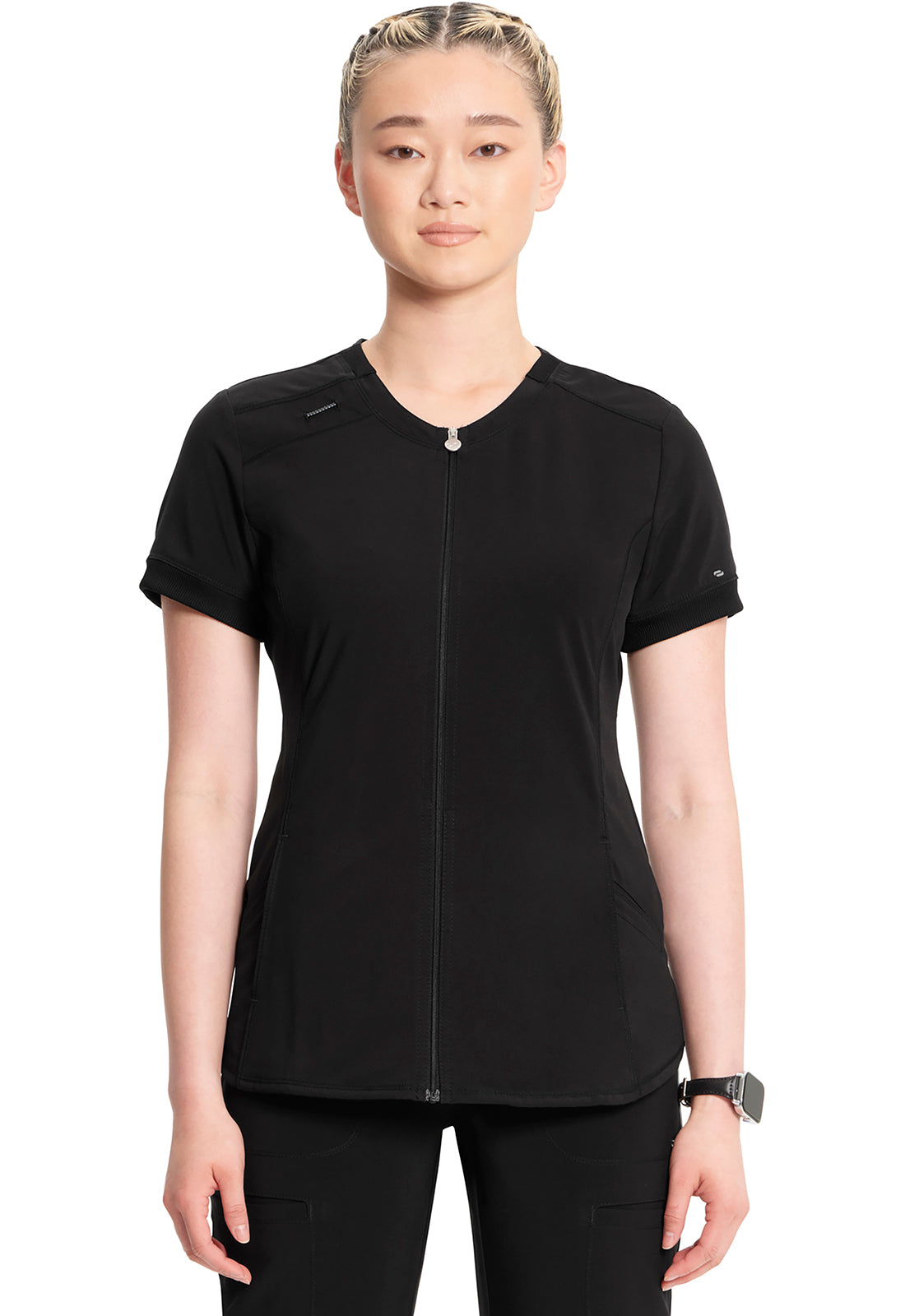 Classics CK810A Zip Front V-Neck Top Black Model Image Front | Infinity