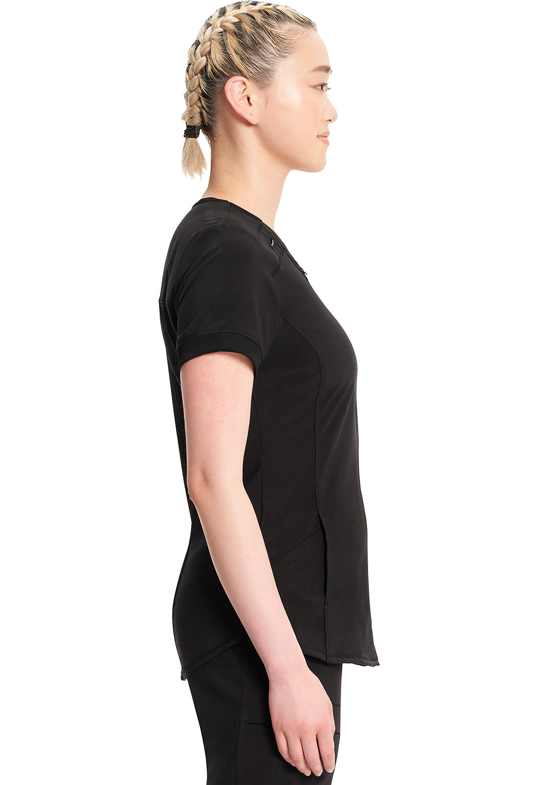 Classics CK810A Zip Front V-Neck Top Black Model Image Right Side | Infinity