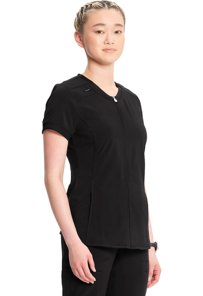 Classics CK810A Zip Front V-Neck Top Black Model Image Left Side | Infinity