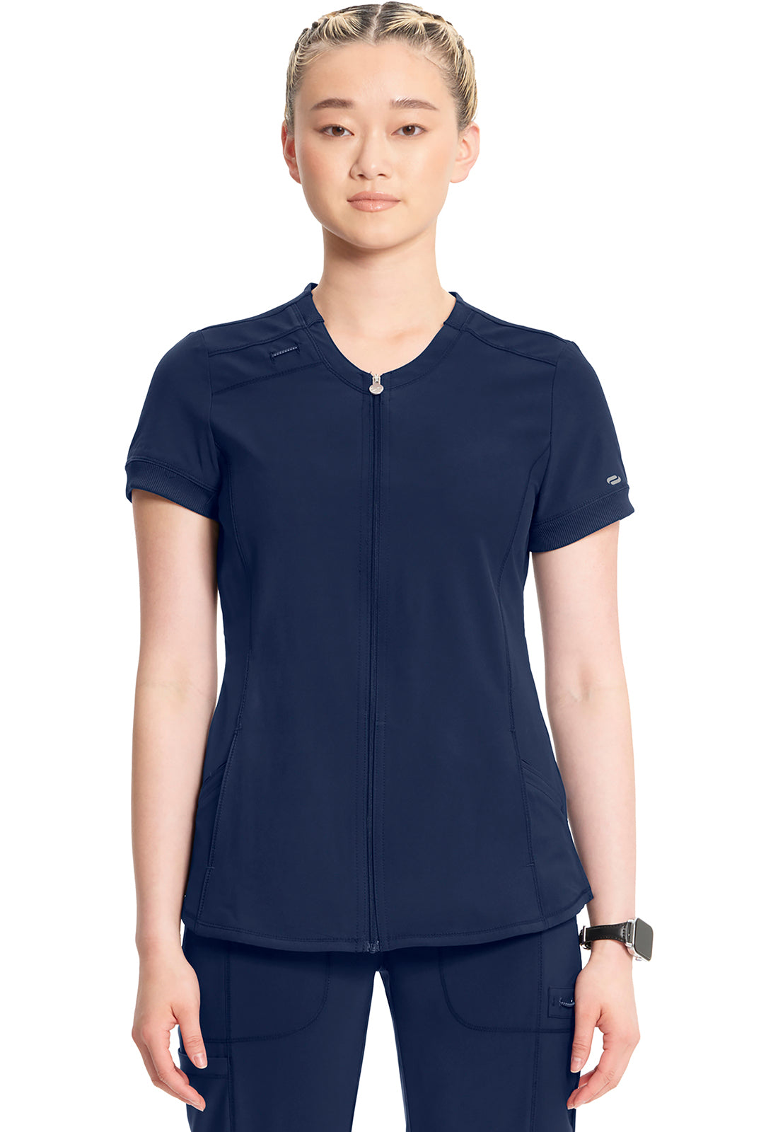 Classics CK810A Zip Front V-Neck Top Navy Model Image Front | Infinity