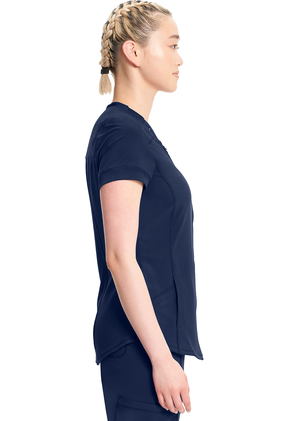 Classics CK810A Zip Front V-Neck Top Navy Model Image Right Side | Infinity