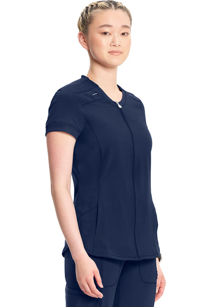 Classics CK810A Zip Front V-Neck Top Navy Model Image Left Side | Infinity