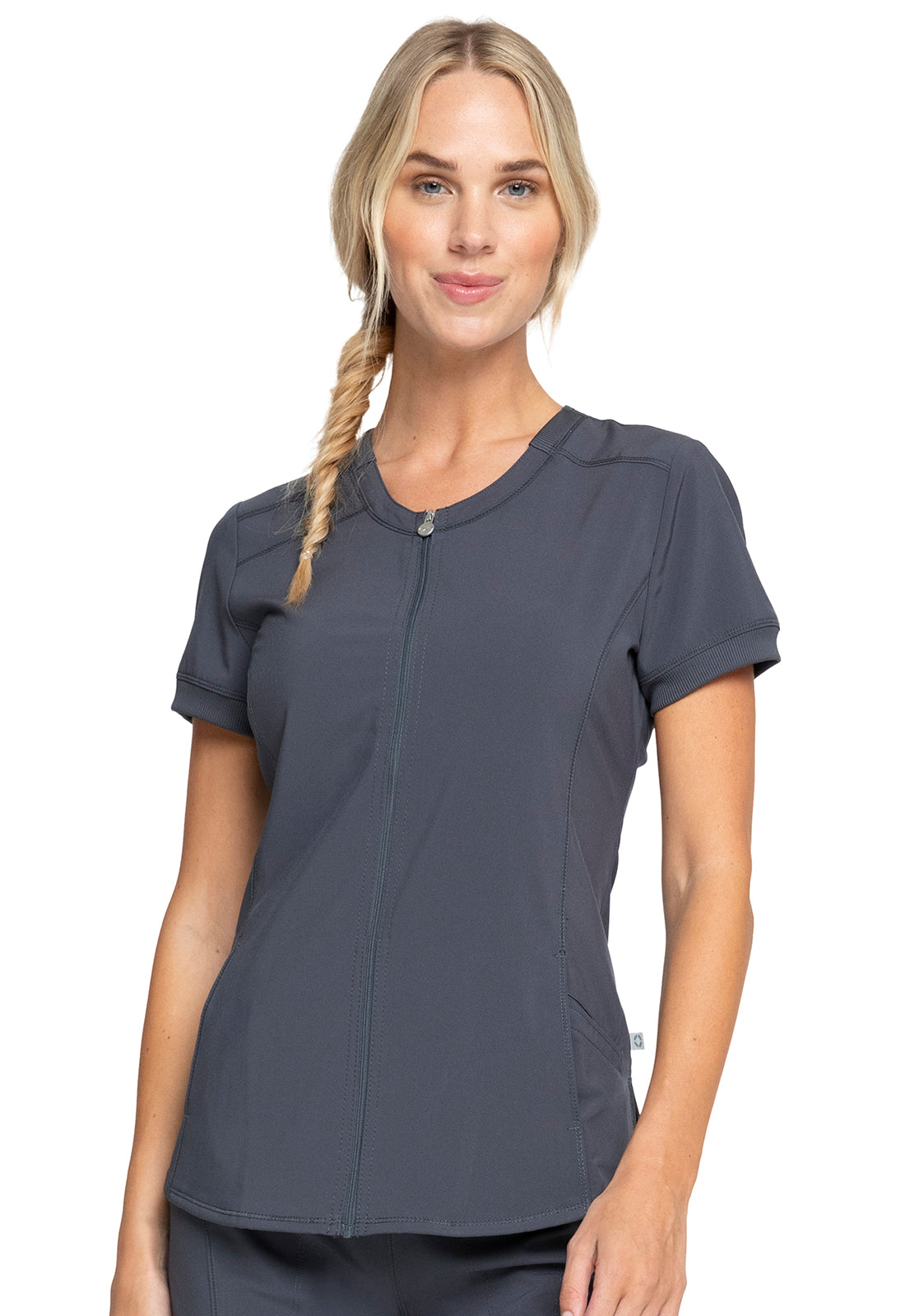 Classics CK810A Zip Front V-Neck Top Pewter Model Image Front | Infinity