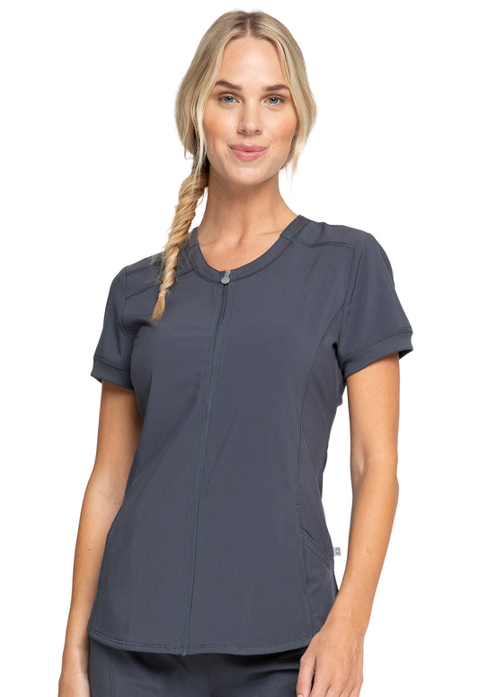 Classics CK810A Zip Front V-Neck Top Pewter Model Image Front | Infinity