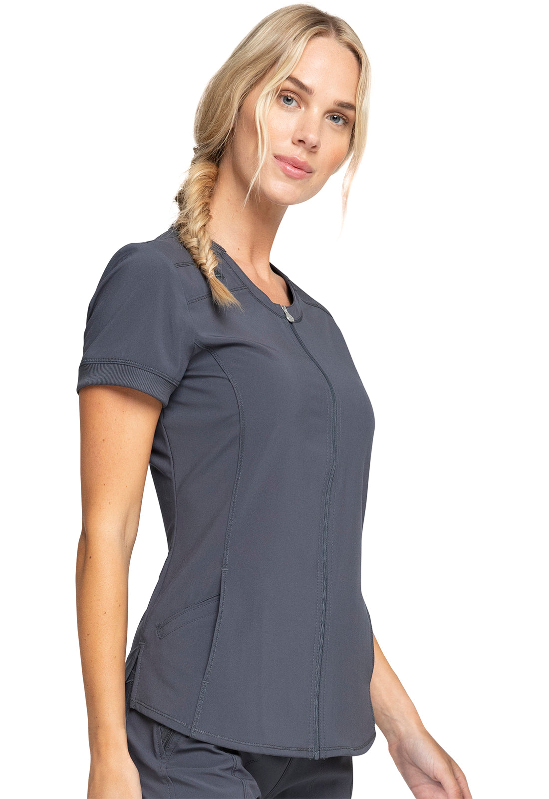 Classics CK810A Zip Front V-Neck Top Pewter Model Image Left Side | Infinity