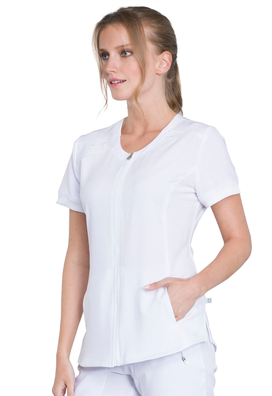 Classics CK810A Zip Front V-Neck Top White Model Image Right Side | Infinity