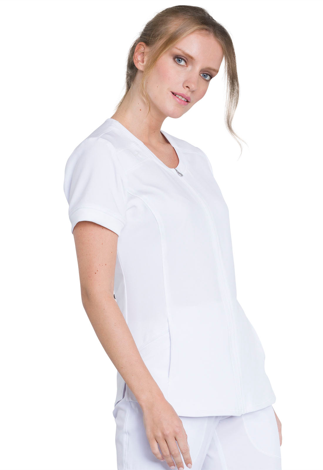 Classics CK810A Zip Front V-Neck Top White Model Image Left Side | Infinity